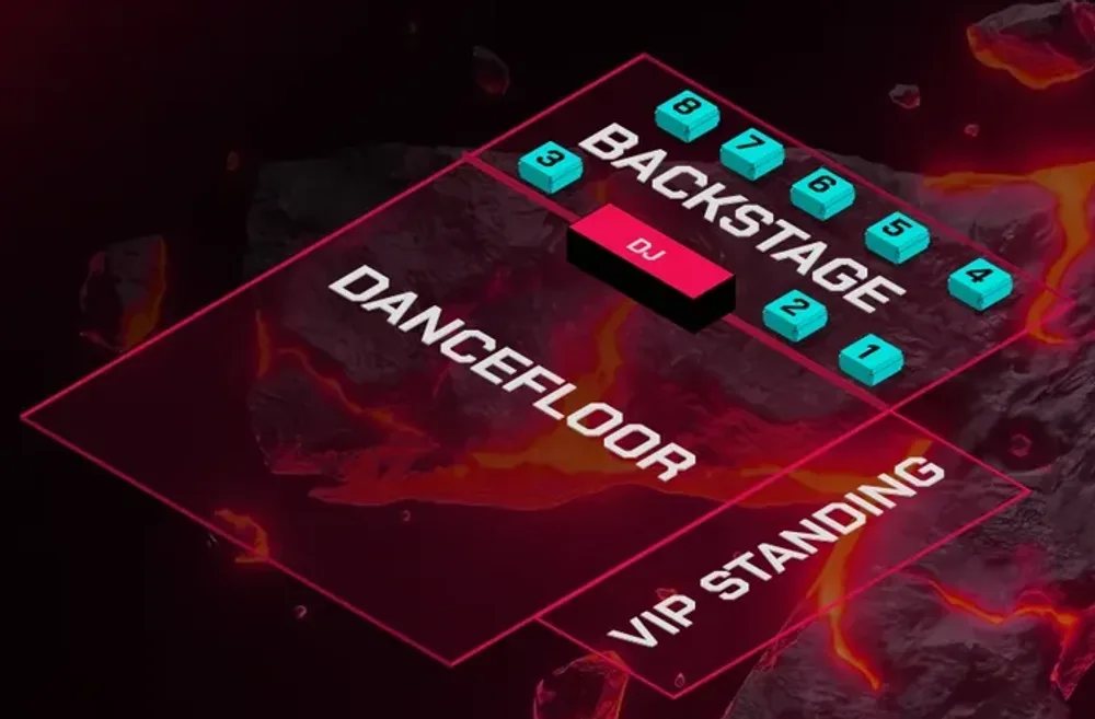 Plano del predio: dancefloor, backstage con cabina y mesas 1 a 8, y VIP standing
